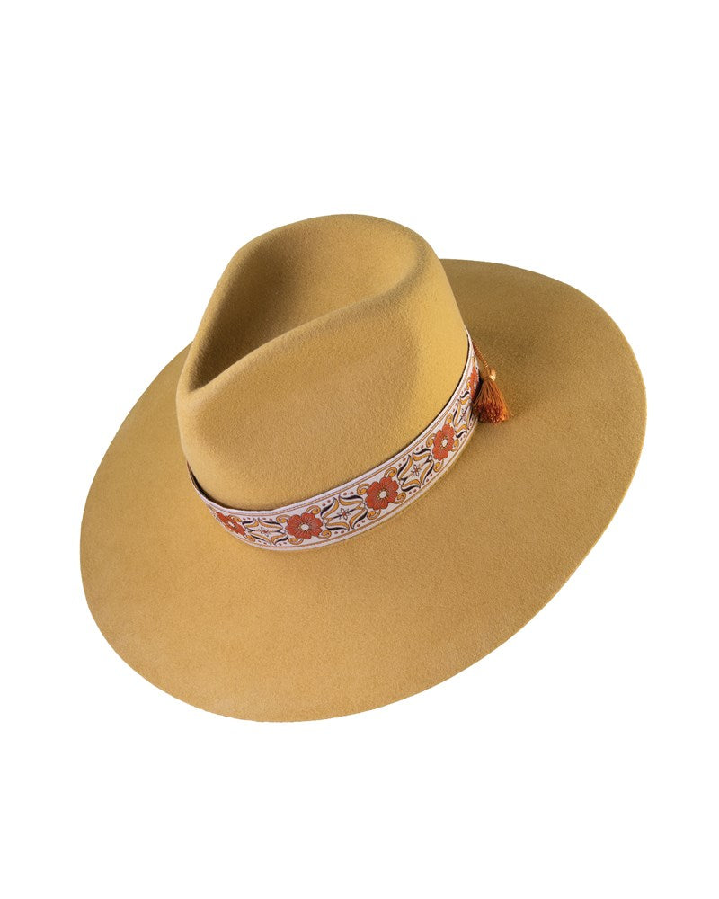 Mustard wool felt festival hat with Nine Lives ribbon – front view