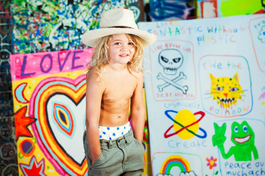 Kids Bromley Straw Hat, woven straw design with leather inner band and artist collaboration detail.