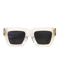 Front view of The Mischief – Skywalker/Black sunglasses featuring a white acetate frame, black polarised lenses, and 24k gold detailing. A bold, structured silhouette.