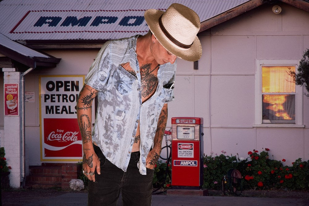 FBS x David Bromley Straw Hat, natural woven straw hat with leather inner band and bronze buckle.
