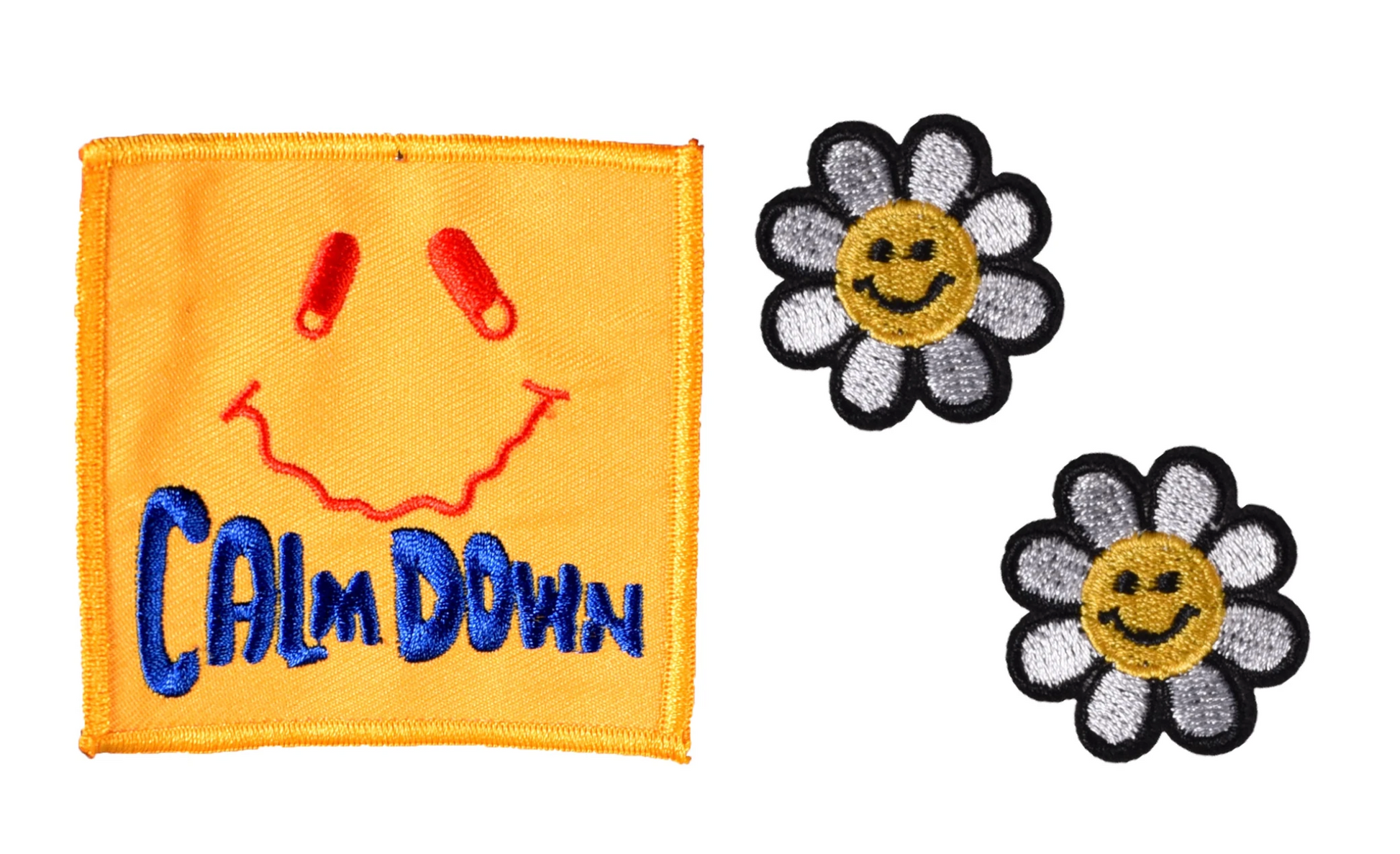 Calm Down Sew On Patch with bonus Baby Daisy iron-on patches, embroidery set for DIY clothing.
