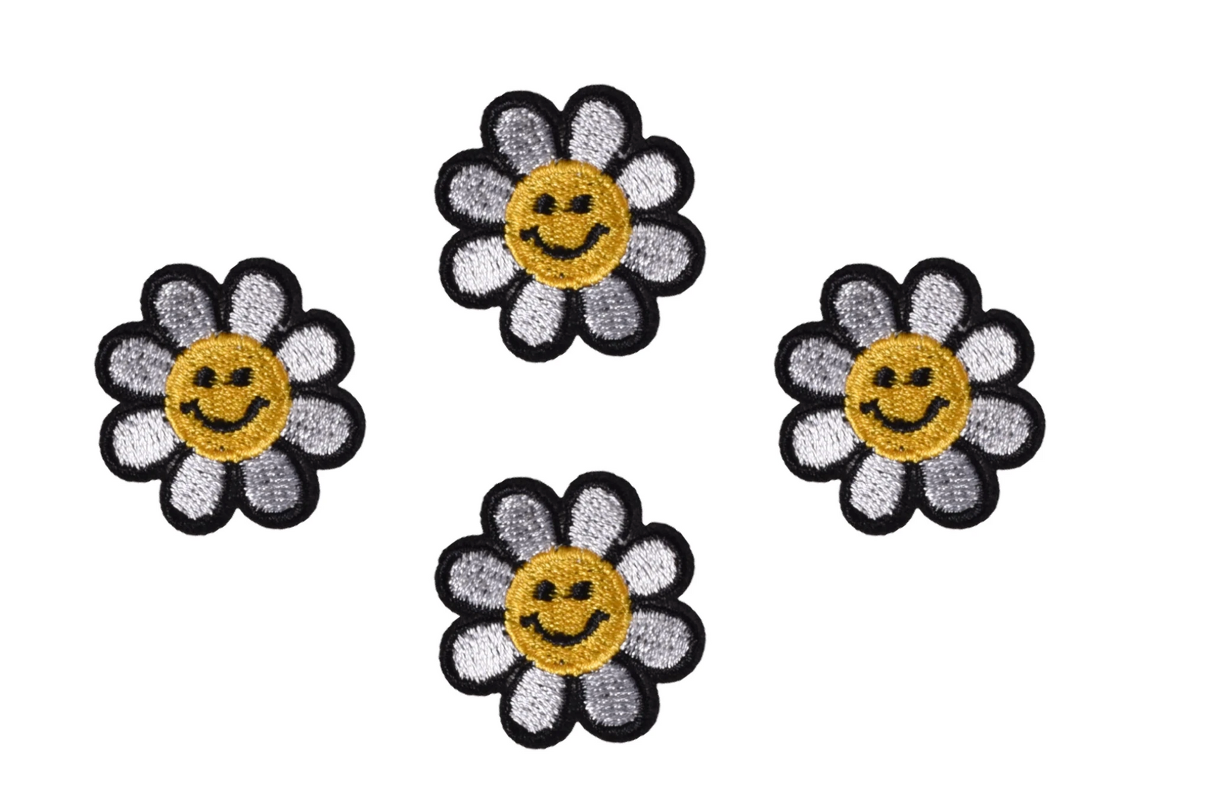 Baby Daisy Love Patches, set of 4 embroidered 3x3cm smiley daisies, sew or iron on.
