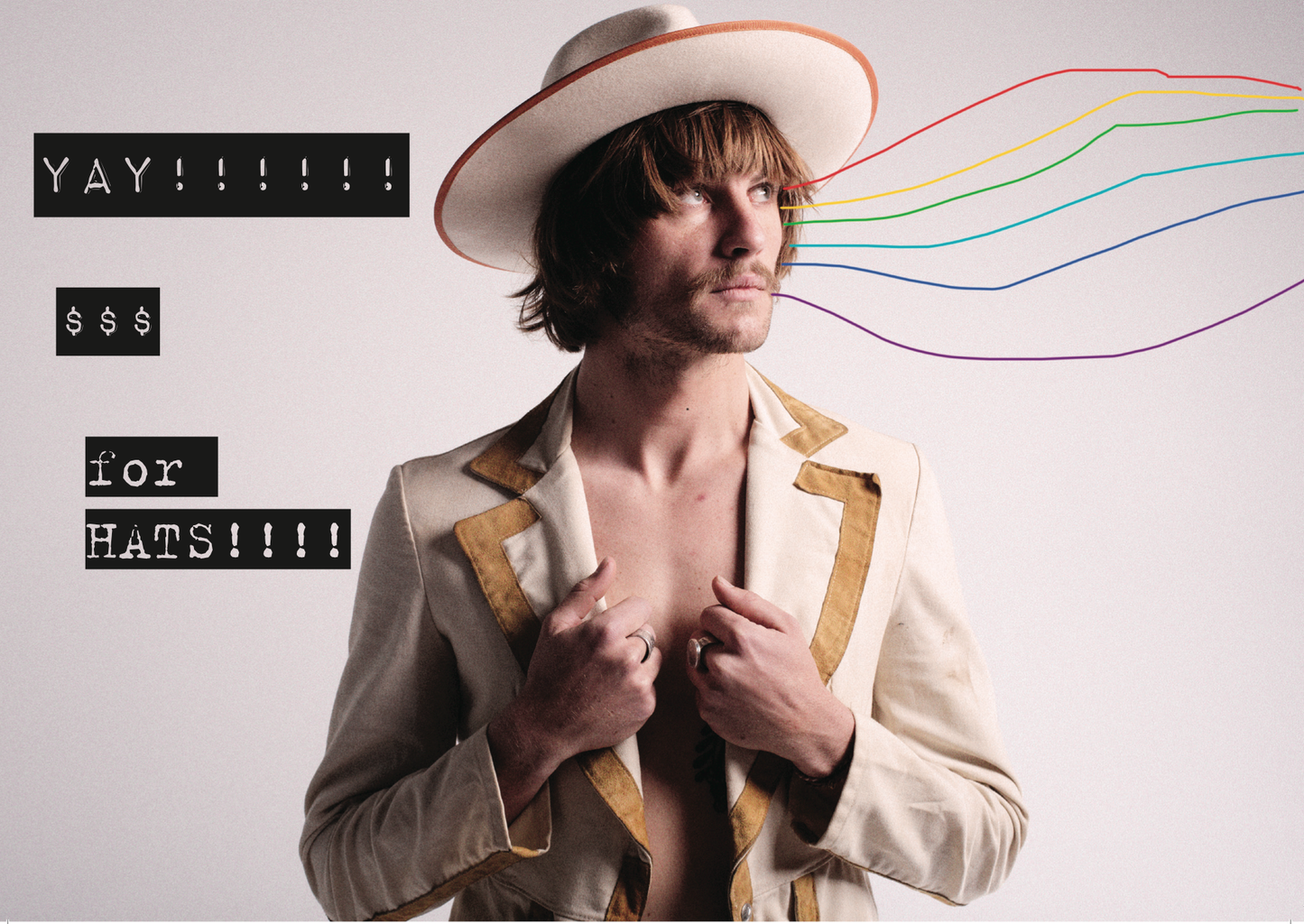 Man in vintage cream blazer and wide-brim hat with rainbow lines streaming from his face, next to bold type that reads "YAY!!!! $$$ for HATS!!!!" — promotional image for Fallenbrokenstreet gift cards.
