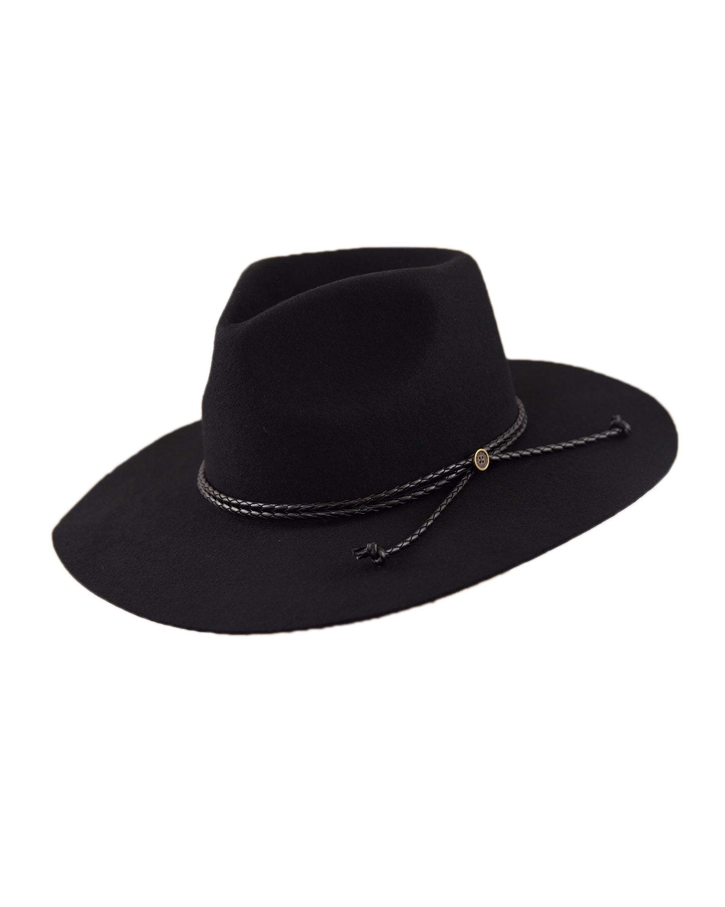 Front angle view of the Edison Rancher hat in black, featuring a flat wide brim and a leather rope band with metal detailing. Crafted from 100% Australian wool felt with timeless unisex style.