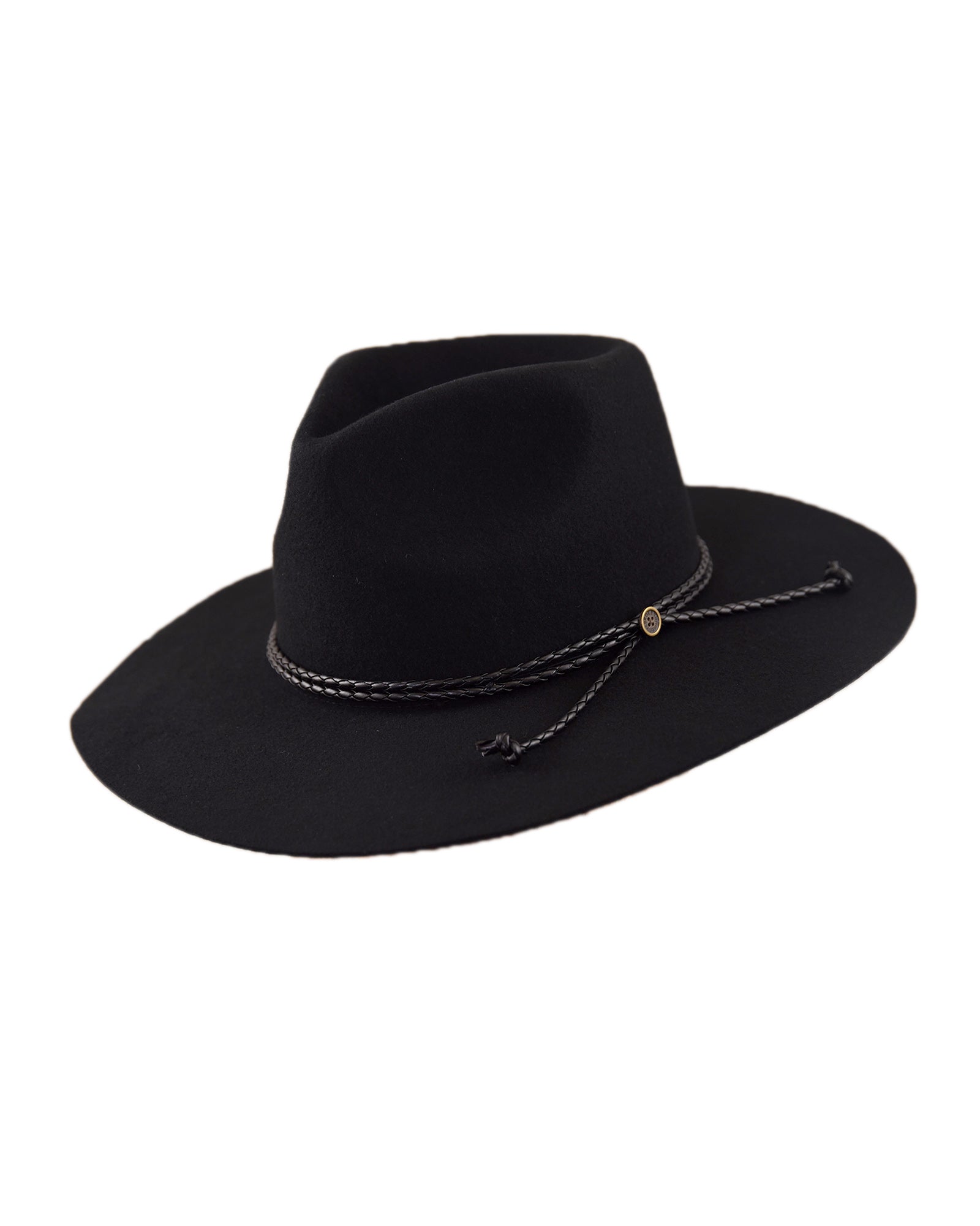 Front angle view of the Edison Rancher hat in black, featuring a flat wide brim and a leather rope band with metal detailing. Crafted from 100% Australian wool felt with timeless unisex style.