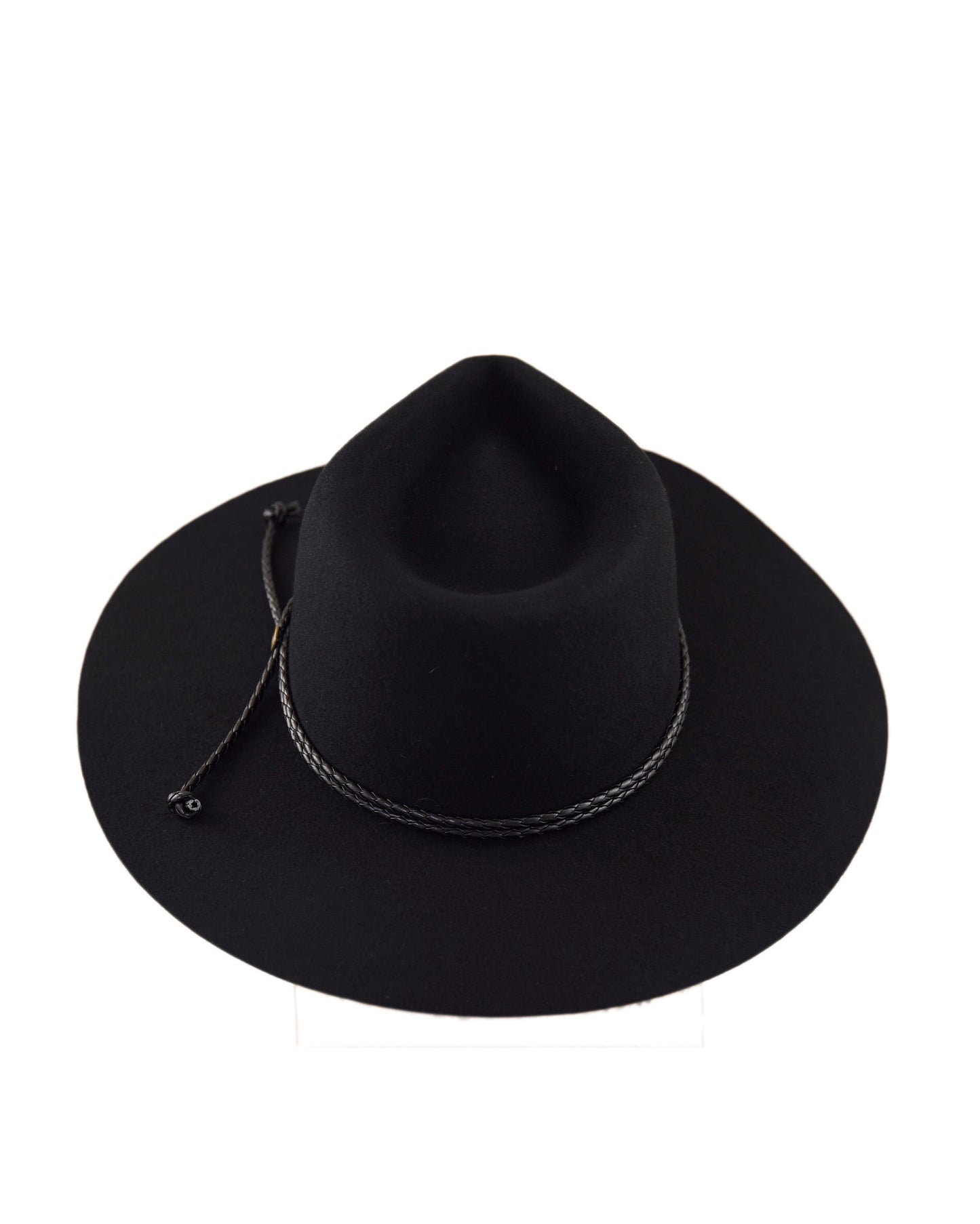 Top-down view of the Edison Rancher in black showing the classic crown shape, 90mm wide brim, and leather band detail—elegant and practical for sun protection.