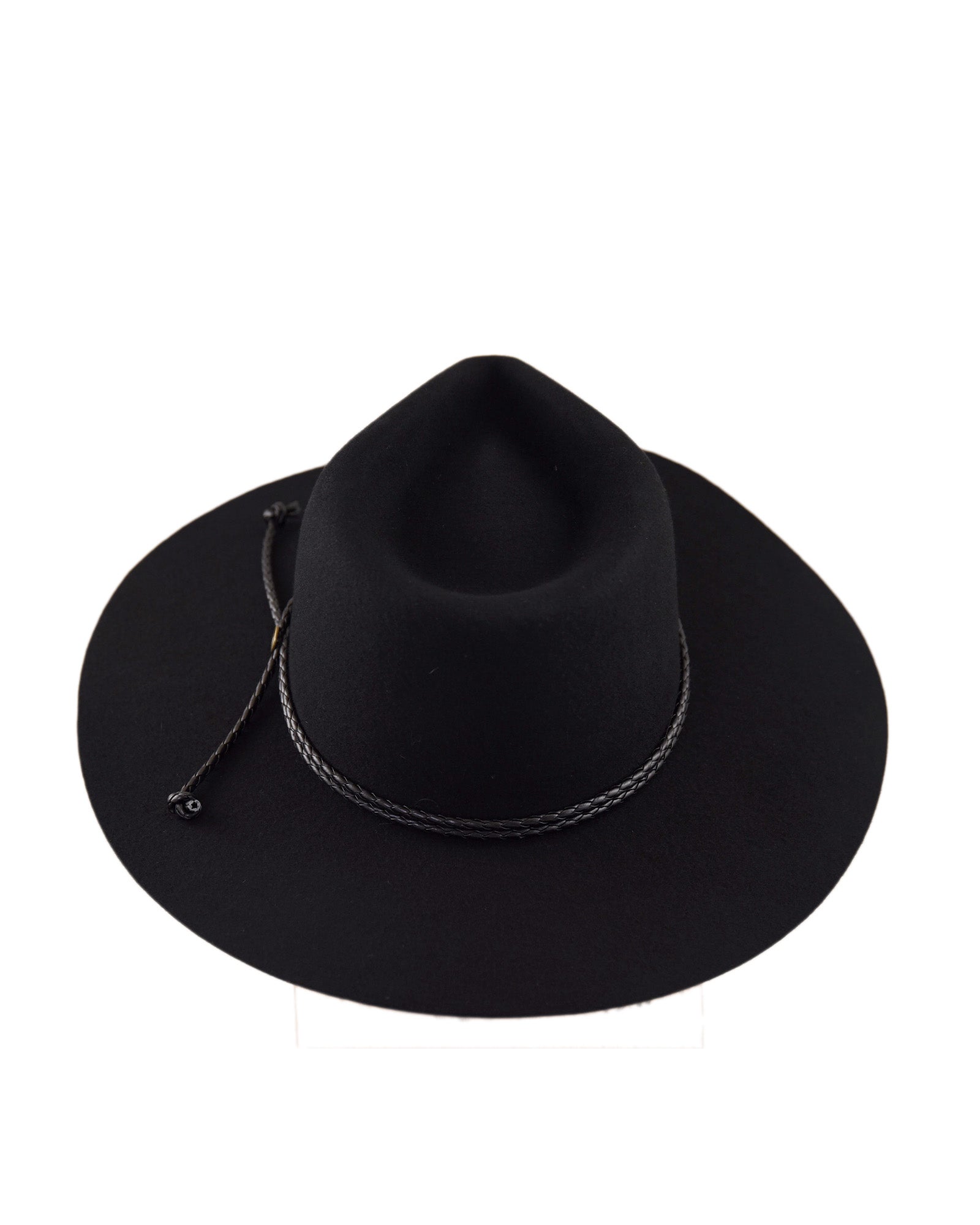 Top-down view of the Edison Rancher in black showing the classic crown shape, 90mm wide brim, and leather band detail—elegant and practical for sun protection.