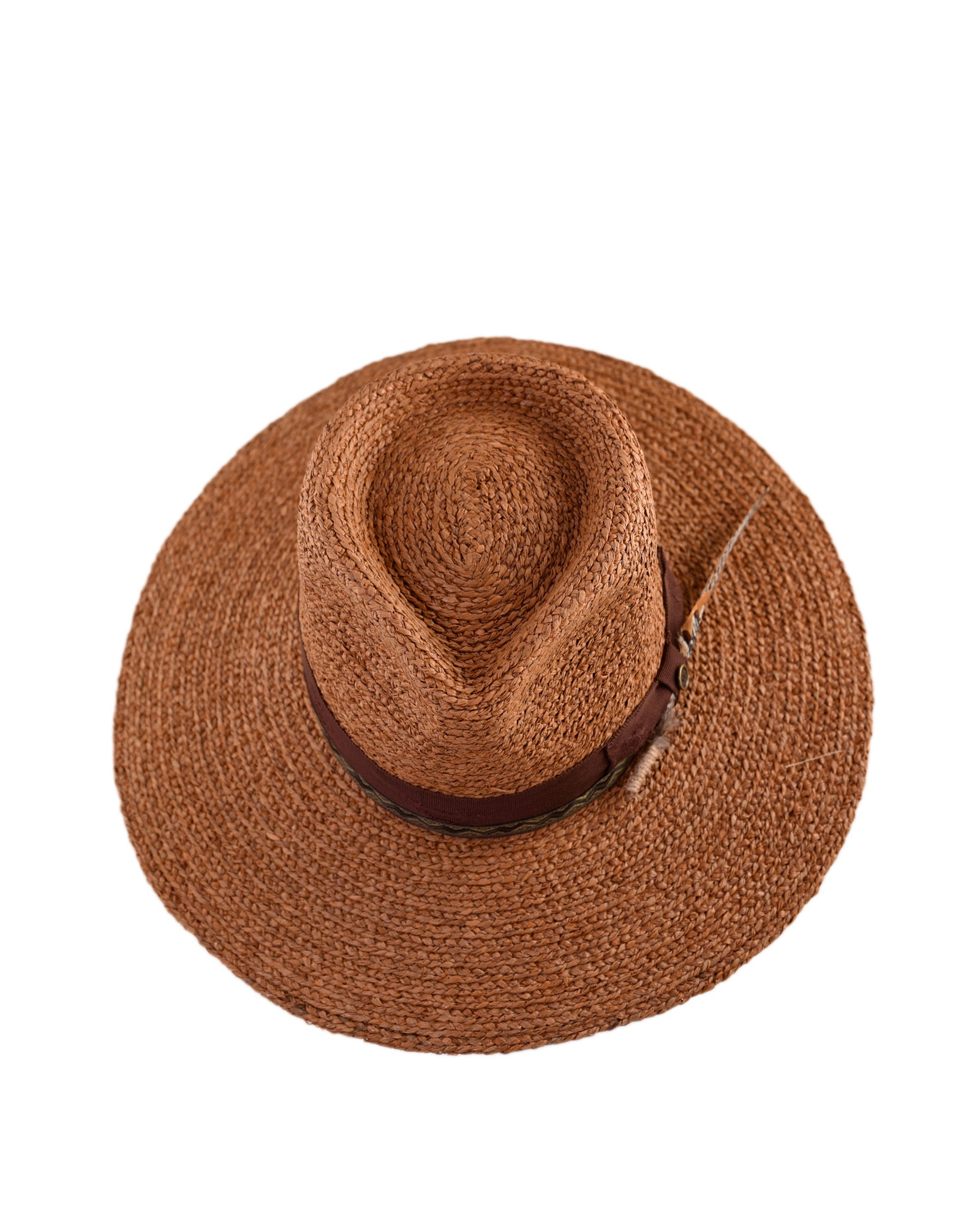 Top-down view of the woven straw hat showcasing its smooth crown, inner band, and feather-tucked ribbon. Lightweight and breathable for everyday wear.