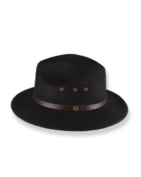 Black fedora hat with a brown band on a white background