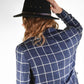 Person wearing a black hat and blue checkered jacket on a white background
