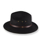 Black fedora hat with a brown band on a white background