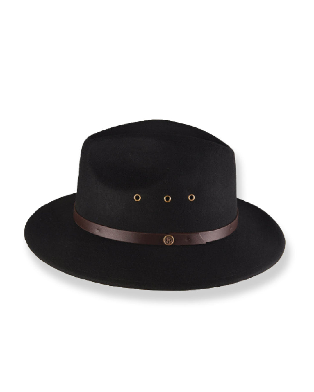 Black fedora hat with a brown band on a white background