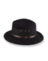 Black fedora hat with a brown band on a white background