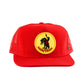 Red mesh trucker cap with yellow and black Montana rodeo patch and curved brim – Fallenbrokenstreet.

