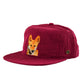 side view Kids red corduroy snapback hat with detailed dingo embroidery on the front and flat brim – Fallenbrokenstreet kids cap.