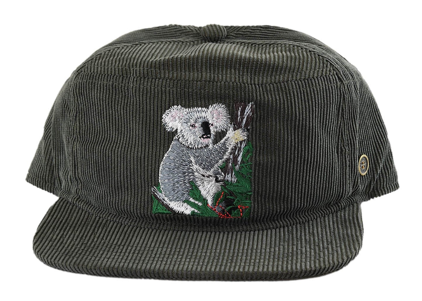 Kids grey corduroy snapback hat with embroidered koala on front, flat brim and classic snap fit – Fallenbrokenstreet kids cap.