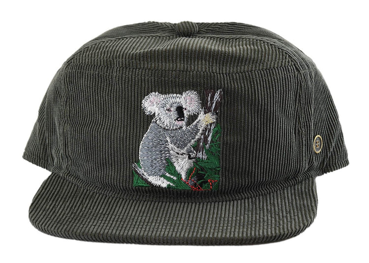 Kids grey corduroy snapback hat with embroidered koala on front, flat brim and classic snap fit – Fallenbrokenstreet kids cap.