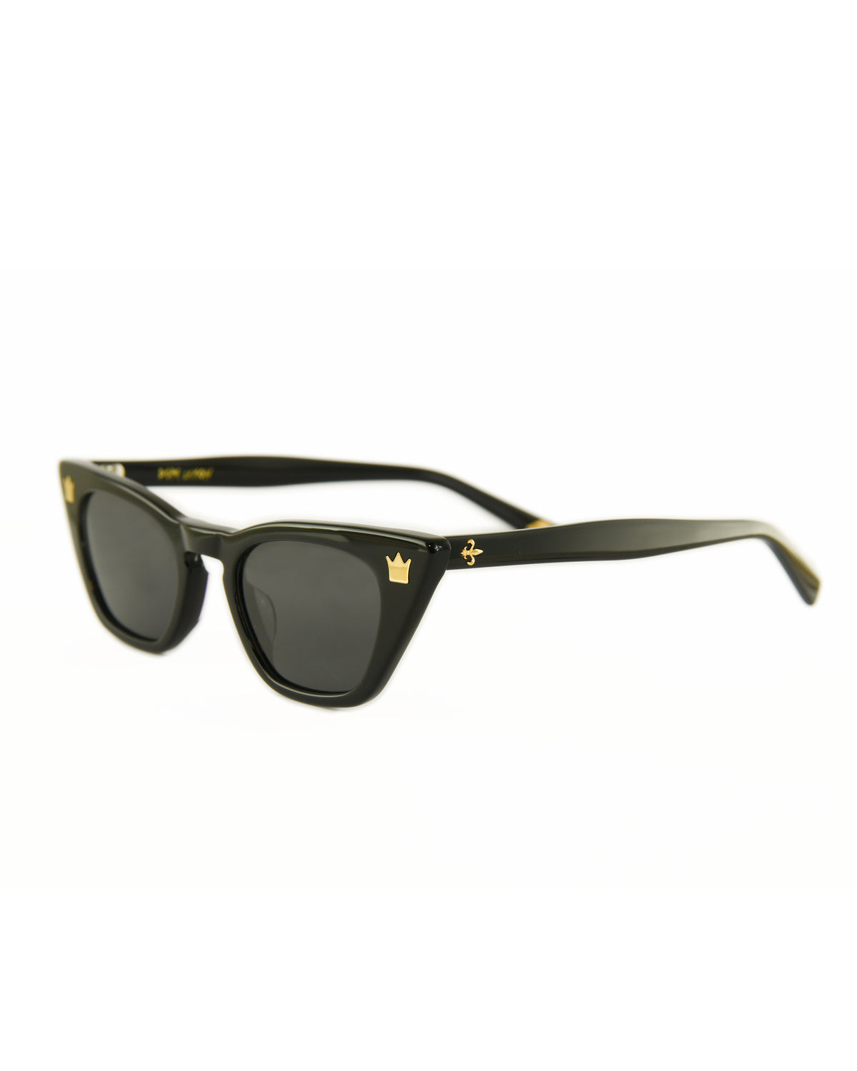 Angled view of Dope Lemon sunglasses highlighting cat-eye shape and detailing.