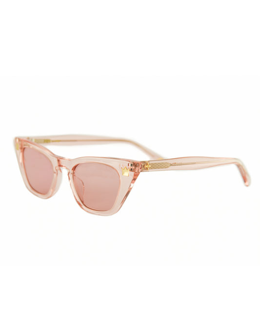 Side view of Dope Lemon clear pink sunglasses showing temple detail and pink lens tint.

