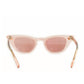 Rear angled view of clear pink sunglasses with transparent arms and gold accents.
