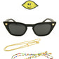 Dope Lemon sunglasses with black acetate frame, polarised lenses, gold chain, beaded chain, and lemon head logo.

