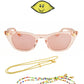 Clear pink Dope Lemon sunglasses with polarised lenses, gold-plated chain, beaded chain, and lemon head logo – Fallenbrokenstreet.