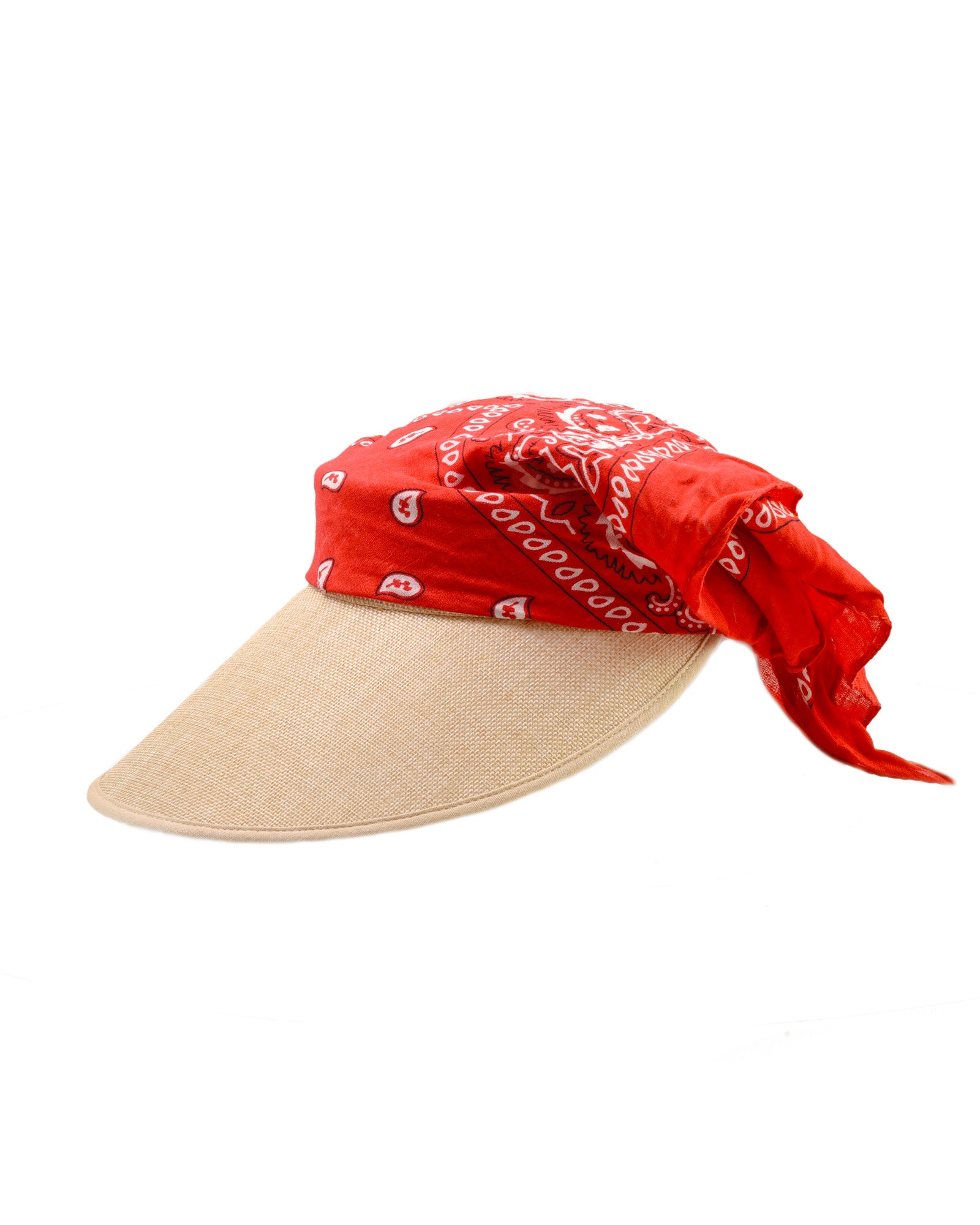 fallenbrokenstreet Red Bandana Visor, woven summer visor with attached bandana styling.