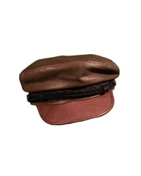 The Bowie Leather Hat by FallenBROKENstreet. Genuine suede hat with ornate rope front detail and copper-toned hardware. Light brown crown and tan brim with smooth leather trim.