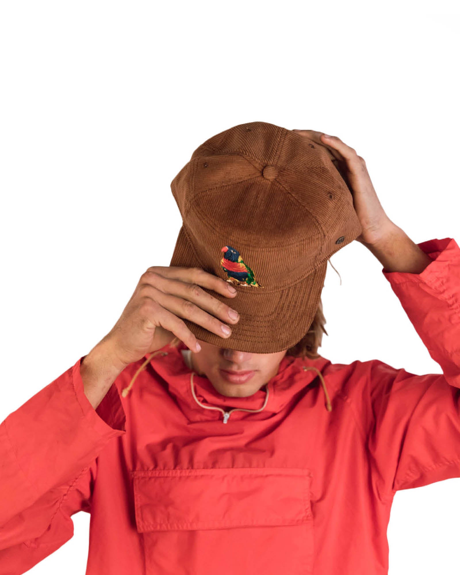 FallenBROKENstreet Stash Cap – Brown Rainbow, corduroy hat with custom embroidery and flat brim.