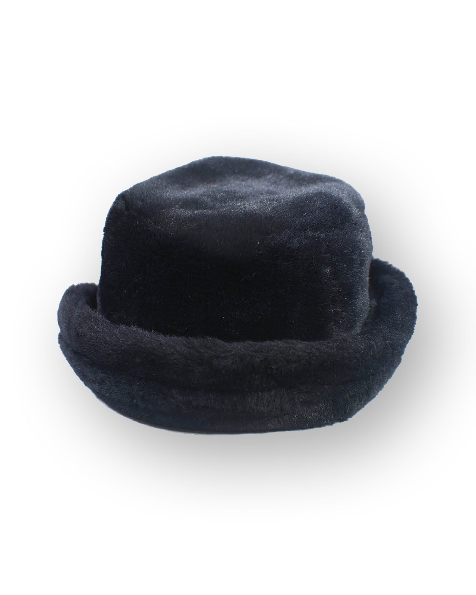 black faux fur bucket hat on a white background