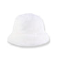 White faux fur bucket hat on a white background