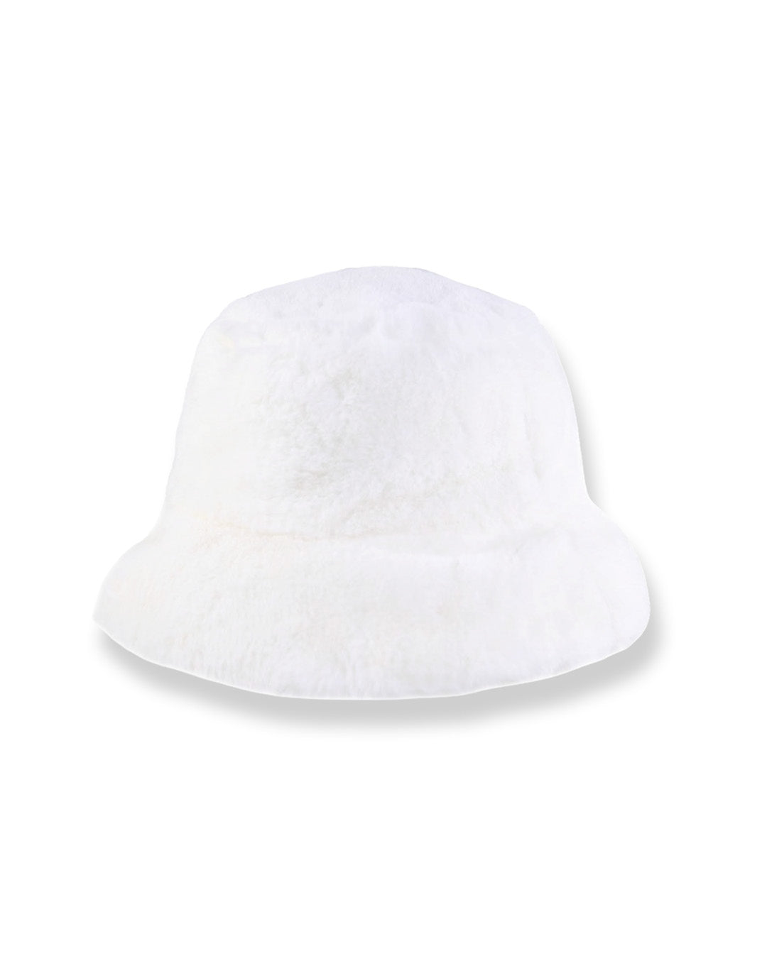 White faux fur bucket hat on a white background