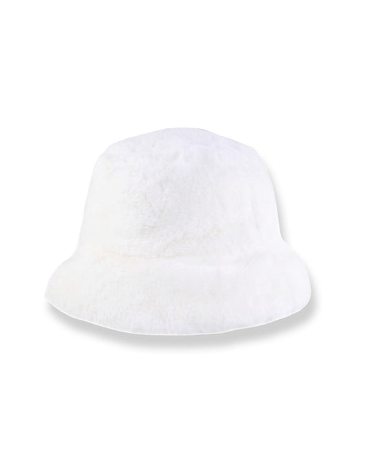 White faux fur bucket hat on a white background