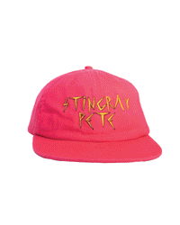Back and side view of the red Stingray Pete dad cap with curved brim and adjustable strap.
