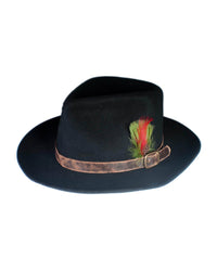 The Bromley Felt Hat – Black by FallenBROKENstreet. 100% Australian wool felt with worn leather band, feather detail, and embossed Bromley signature. A timeless unisex collaboration piece with UPF 50+ protection.