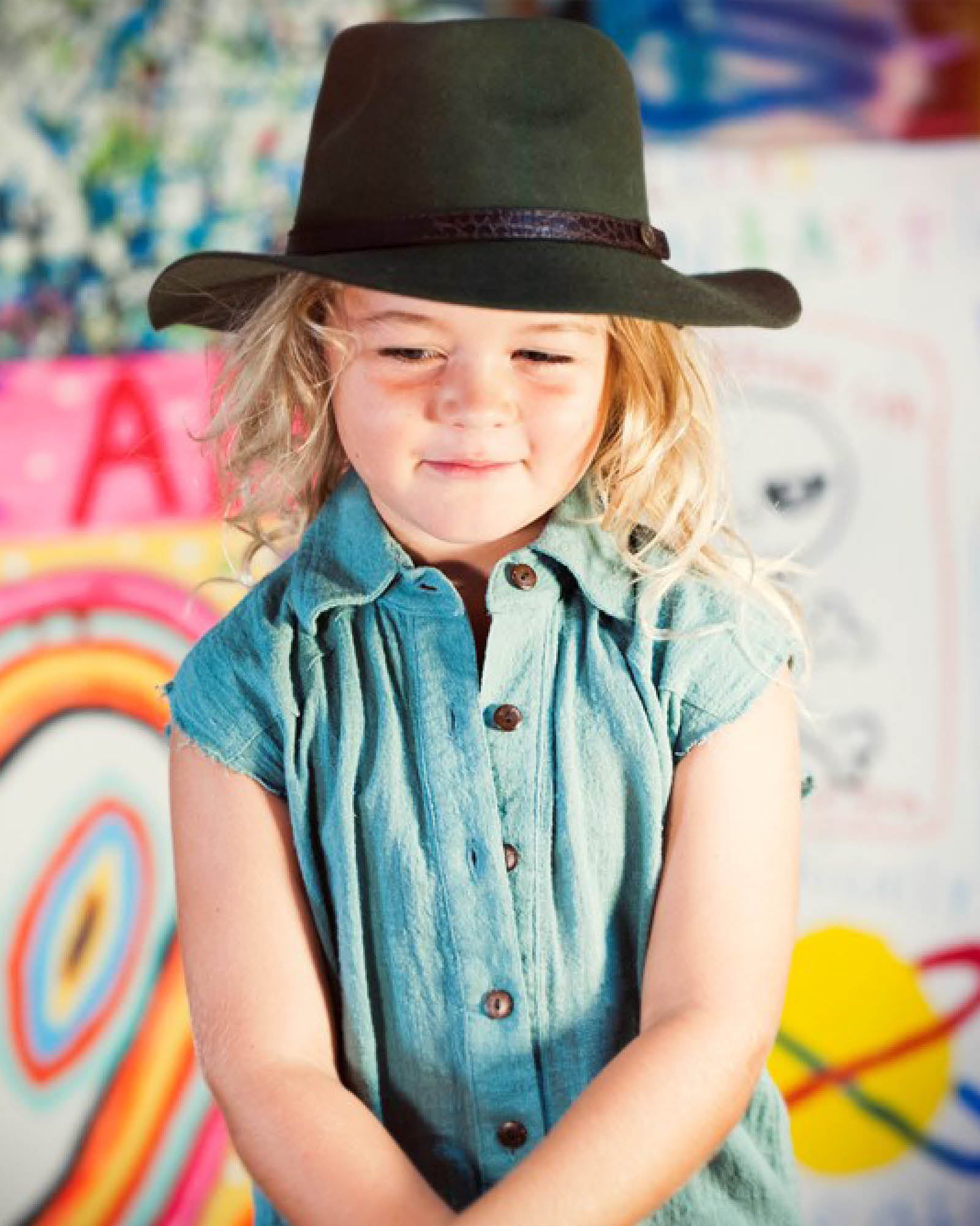 Forest Green Dingo Felt Hat for kids, unisex wool felt fedora with UPF 50+ sun protection.