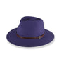 Purple fedora hat with a brown band on a white background