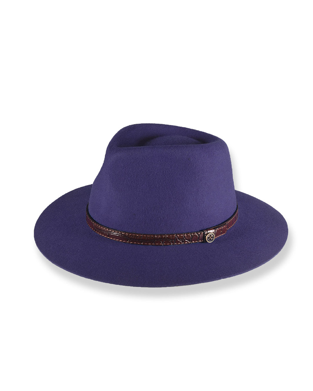 Purple fedora hat with a brown band on a white background