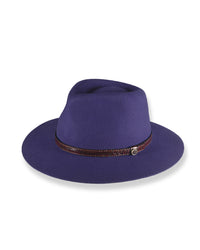 Purple fedora hat with a brown band on a white background