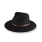 Black fedora hat with a brown band on a white background