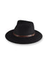 Black fedora hat with a brown band on a white background