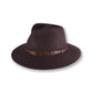Brown fedora hat with a decorative band on a white background