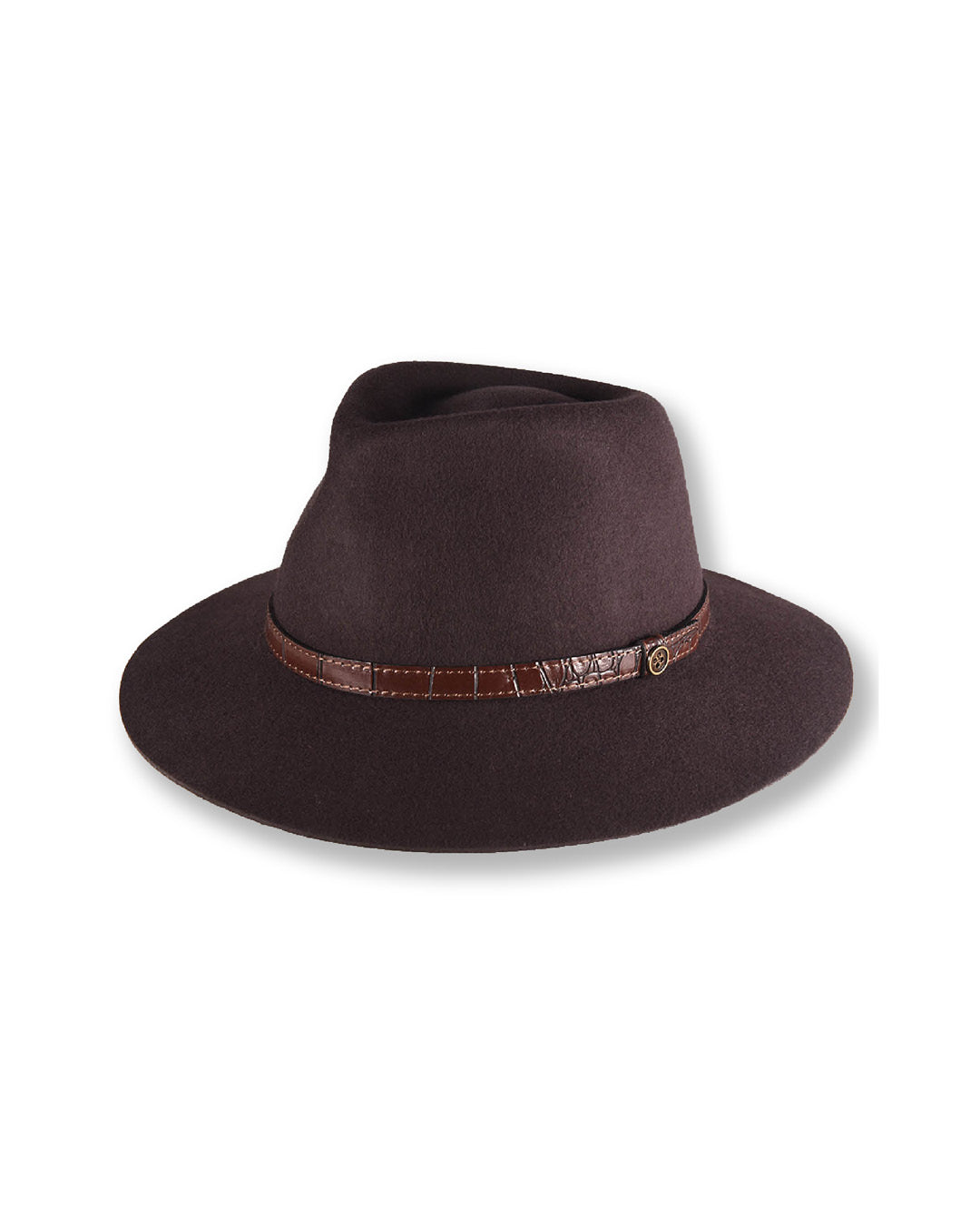 Brown fedora hat with a decorative band on a white background