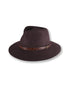 Brown fedora hat with a decorative band on a white background