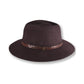 Brown fedora hat with a decorative band on a white background