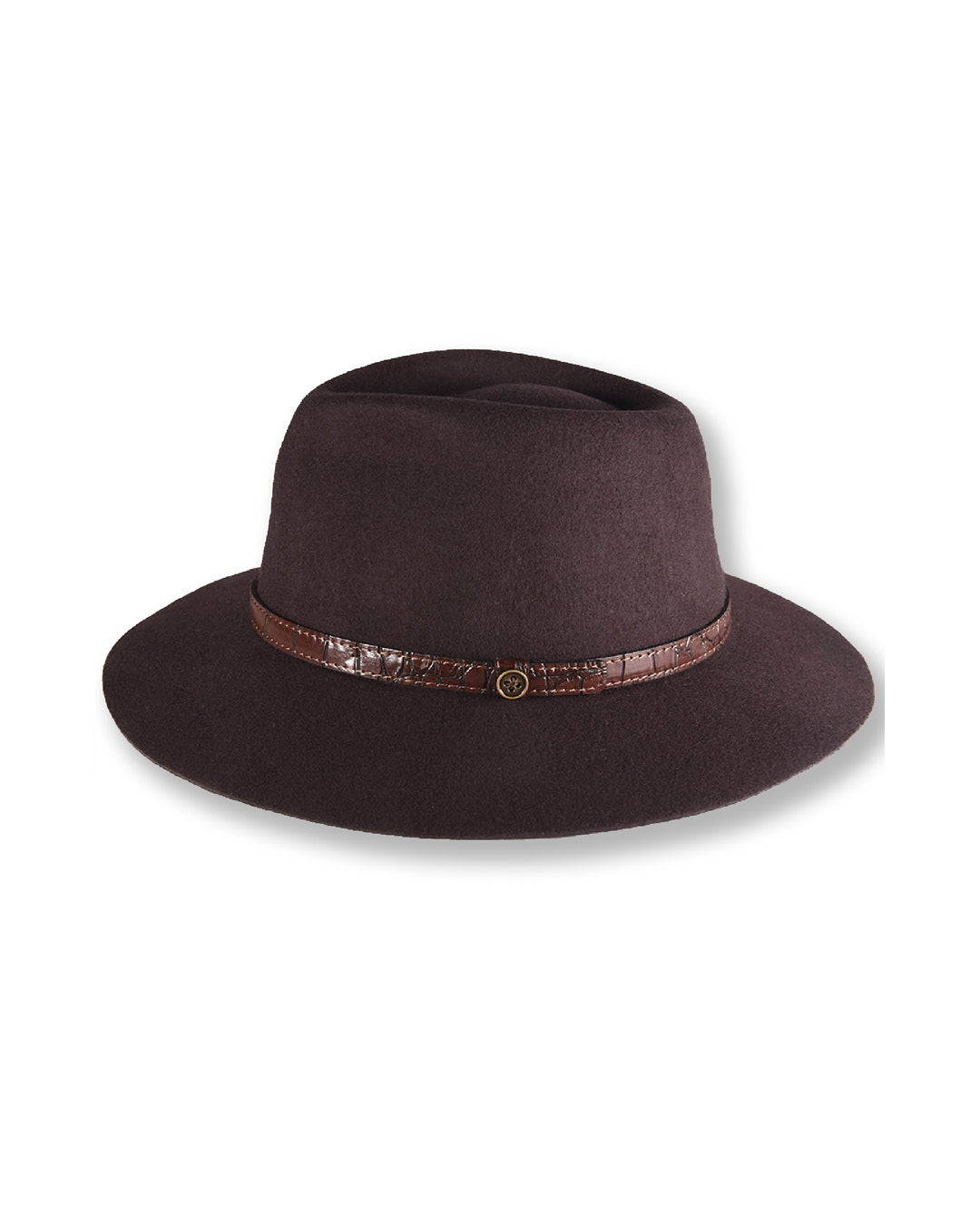 Brown fedora hat with a decorative band on a white background