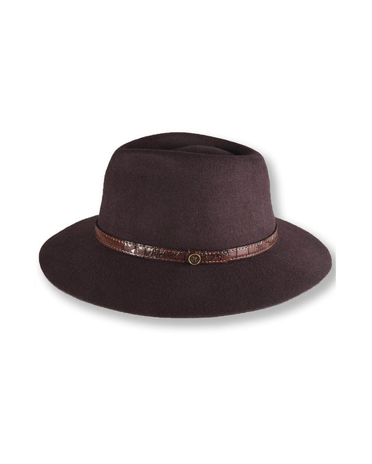 Brown fedora hat with a decorative band on a white background