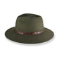 Green fedora hat with a brown band on a white background