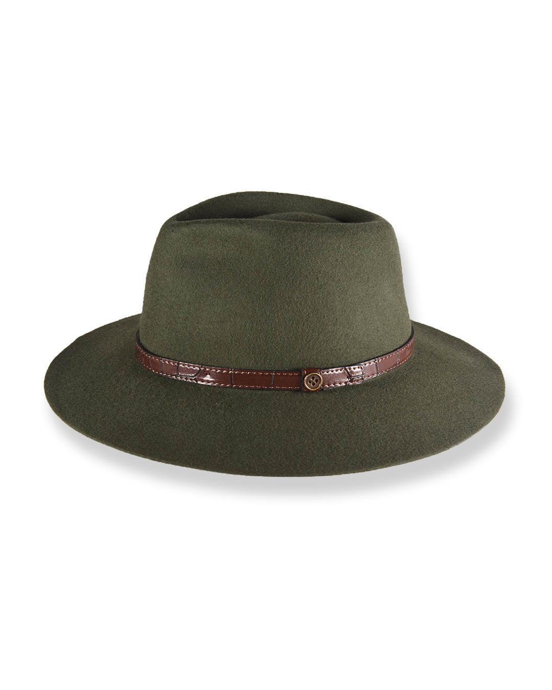 Green fedora hat with a brown band on a white background