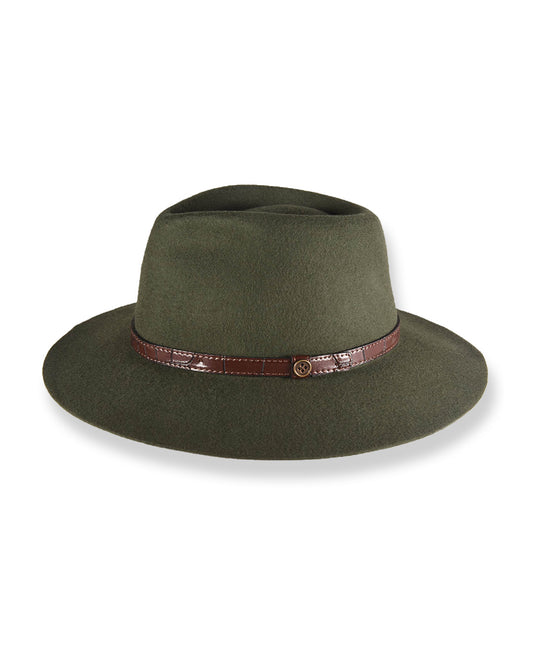 Green fedora hat with a brown band on a white background